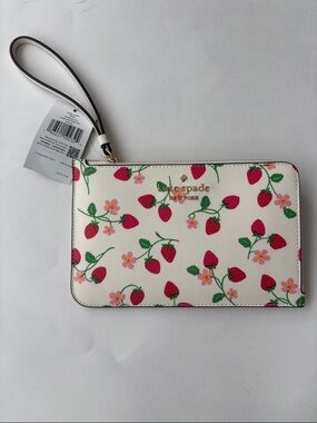 Kate Spade Strawberry Vine Cream Medium Wristlet Clutch New - read description